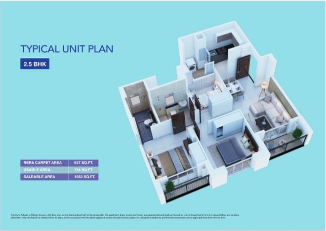 2.5 bhk floor plan isometric view